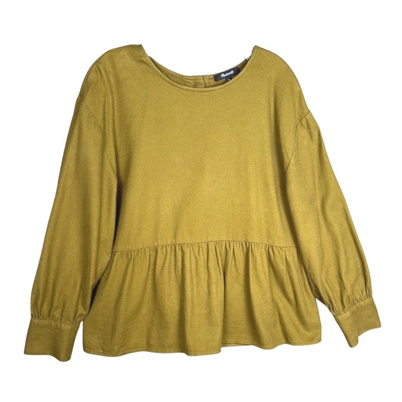 Madewell Flannel Peplum Button Back Top Brown Green Long Sleeve Cotton XL - Picture 2 of 10